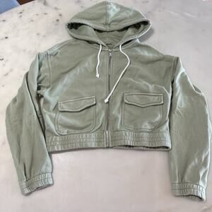 Aerie Women’s S Cropped Full Zip Hoodie Cargo Pocket Loungewear Sage Green